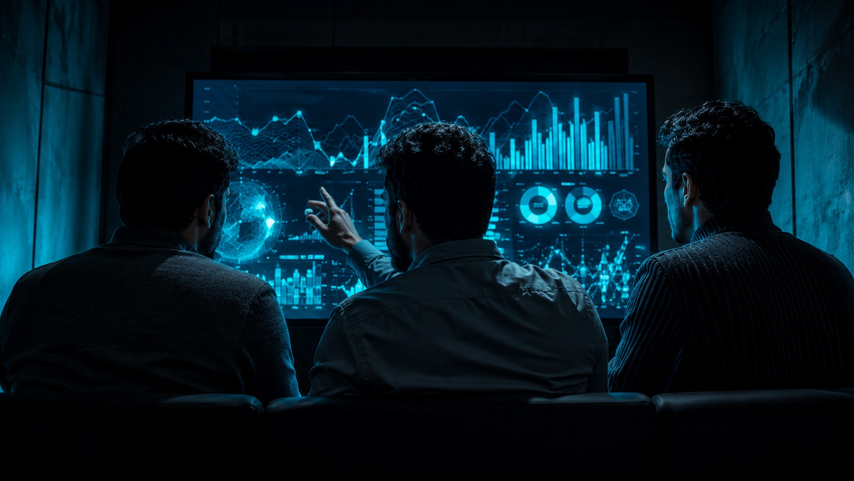 Three NTX engineers reviewing a dark-mode monitor — cyan screen glow lighting their faces.