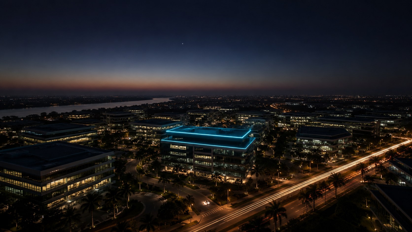 Aerial dusk view of a modern technology business park — palm-lined avenues, glass office buildings, cyan rooflines.