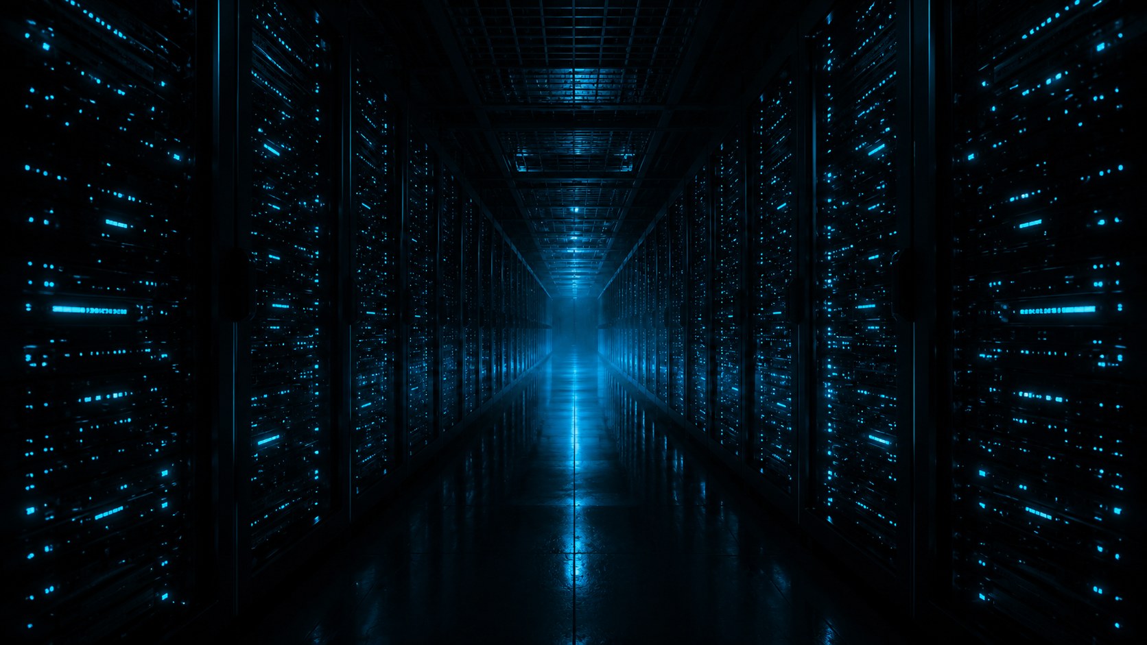 NTX data center — central aisle of server racks lit by cyan indicators.