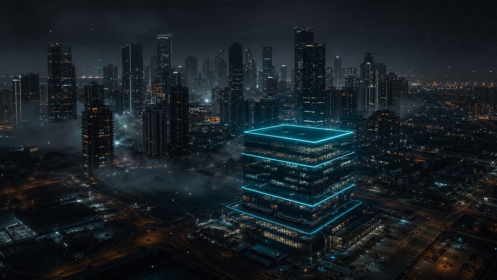 MENA business district at night — modern glass towers with a cyan-lit foreground building.