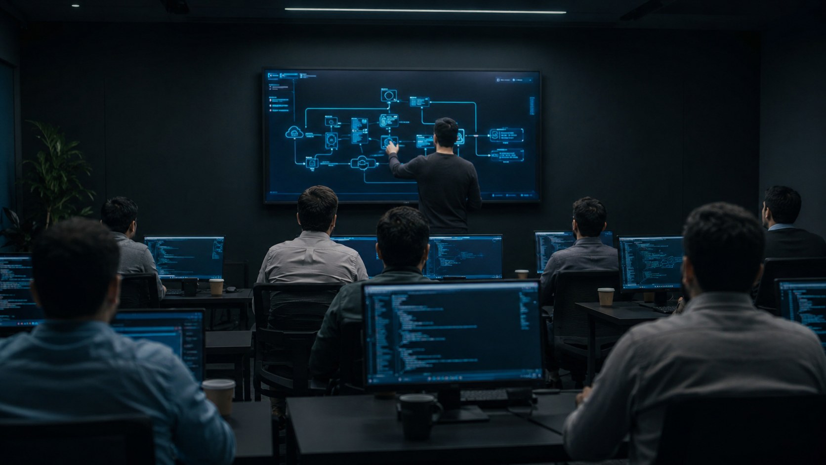 NTX training session in progress — professionals at workstations facing a dark presentation screen, cyan glow lighting the room.